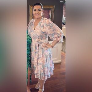 Kobi Halperin Pink and Blue Wrap Sundress with Bishop Sleeves